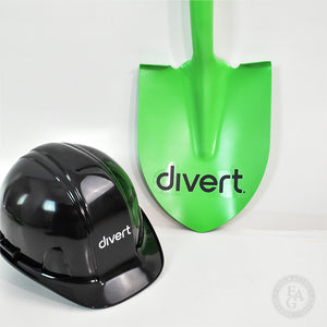 Custom Painted Shovel, Vinyl Applique personalization on both Flat Front Hard Hat and Shovel Spade