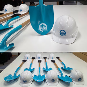 Round Front Hard Hat with Full Color Vinyl Applique. Matching Custom Painted Shovels with reverse color personalization.
