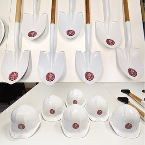 Full Color Vinyl Applique on Custom Painted White Shovels and White Flat From Hard Hats