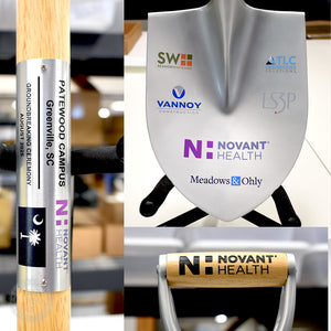 Silver Finish Ceremonial Groundbreaking Shovel - D-Handle, Full Color Vinyl Applique Logos on Spade, Laser Engraved Handle, Full Color Printed Plate on Shaft
   