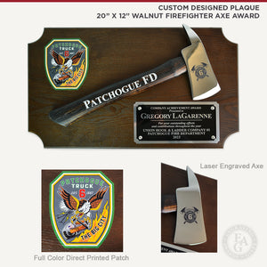 Custom 20" x 12" Walnut Firefighter Axe Award Plaque - Chrome, actual customer's plaque with personalizations like Full Color Direct Printed Patch and Laser Engraved Axe Head.
