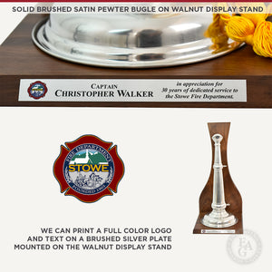 Solid Brushed Satin Pewter Bugle on Walnut Display Stand - Choice of Braid Color