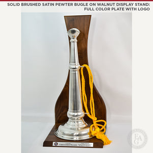 Solid Brushed Satin Pewter Bugle on Walnut Display Stand: Full Color Plate with Logo