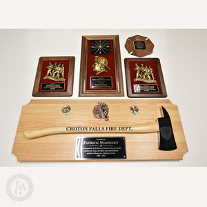 Multiple Firefighter Award Plaques with a 42x16 Oak Firefighter Award Plaque with Chrome Axe - Actual personalized awards for one fire department!