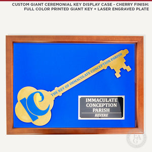 Custom Giant Ceremonial Key Display Case - Cherry Finish: Full Color Printed Giant Key + Laser Engraved Plate