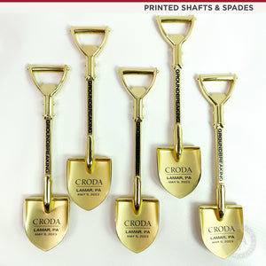 6-3/4" Gold Miniature Shovel - Pad Printed Spade - Full Color Printed Shaft