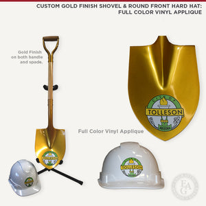 Custom Gold Finish Ceremonial Groundbreaking Shovel - D-Handle, actual customer's groundbreaking shovel and hard hats with Full Color Vinyl Applique