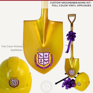 Custom Groundbreaking Ceremonial Shovel Kit - Gold Finish D-Handle, actual customer's groundbreaking kit with Full Color Printed Appliques