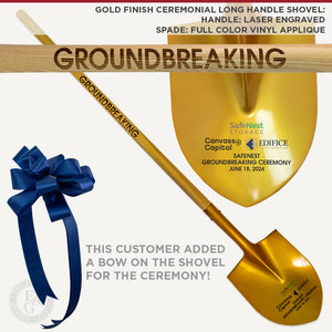 Gold Finish Ceremonial Groundbreaking Long Handle Shovel with Laser Engraved Handle, Full Color Vinyl Applique Personalization on the Spade, and a Navy Blue Satin Bow!