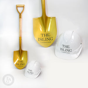 Gold Finish Shovel with Vinyl Applique. Matching White Hard Hat with Vinyl Applique.