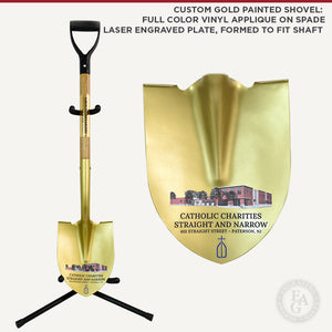 Custom Gold Painted Shovel: Full Color Vinyl Applique on Spade and Laser Engraved Plate, formed to fit the shaft.