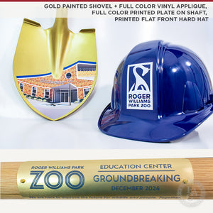 Gold Painted Shovel and Full Color Vinyl Applique, Full Color Printed Plate on Shaft, Printed Flat Front Hard Hat