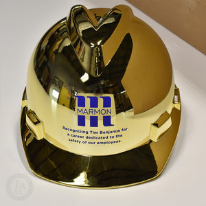 Gold Plate Hard Hat with Color Vinyl Applique Logo and Text