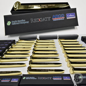 Gold Railroad Spikes, Rotary Engraved. Full Color Printed Black Gift Boxes.
