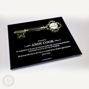 10" x 8" Ceremonial Key on a Black Piano Finish Plaque. Full Color Printed Disc on Key. Direct Printing on Plaque.