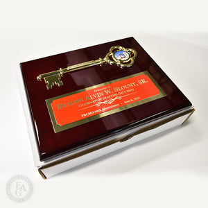 10x8 Rosewood Piano Finish Key Plaque, Red Double Plate with Laser Engraving, Printed Key Stem, Full Color Printed Disc.