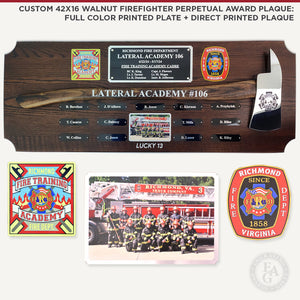Actual Custom Plaque - Custom 42x16 Walnut Firefighter Perpetual Plaque with Laser Engraving and Full Color Printing