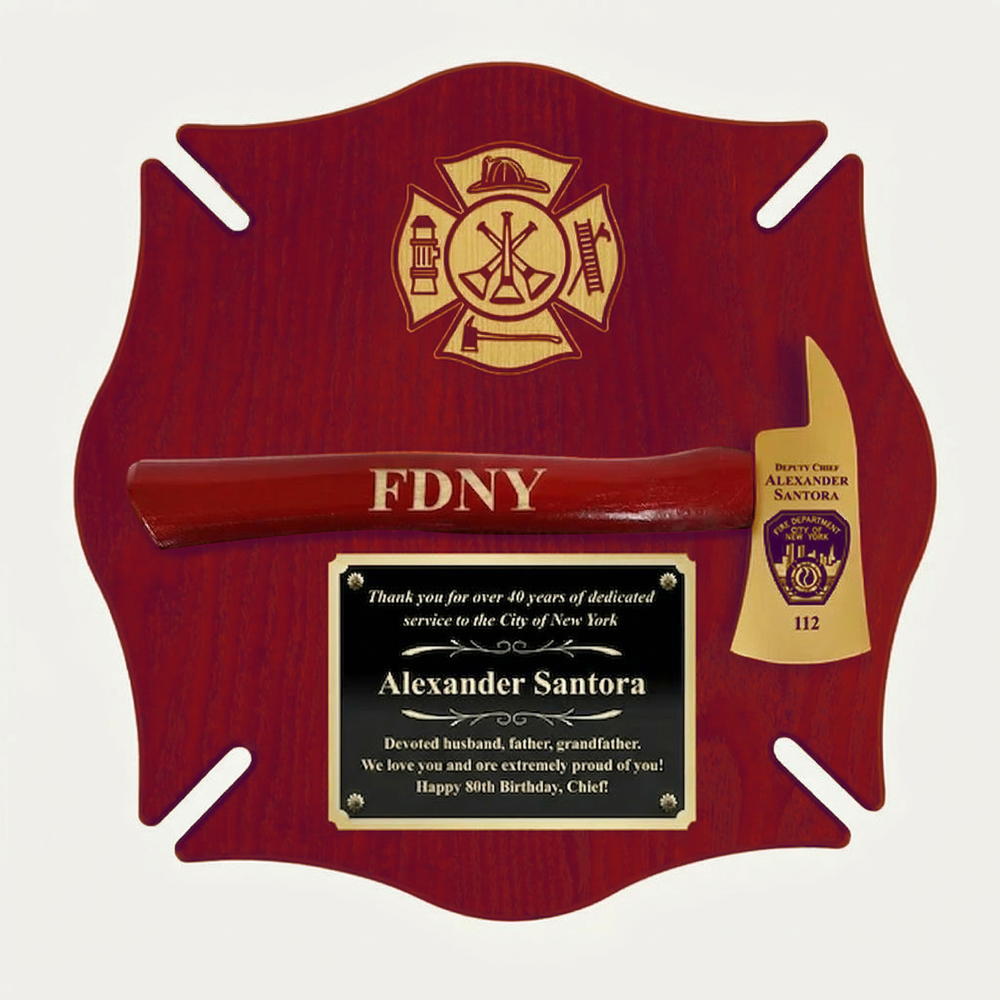 18x18 Red Maltese Cross Firefighter Plaque - Gold Axe - Engraving 18x18 Red Maltese Cross Firefighter Plaque - Gold Axe - Engraving