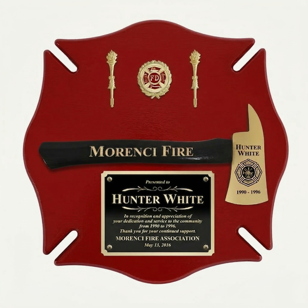 18x18 Red Maltese Cross Firefighter Plaque - Gold Axe - Engraving 18x18 Red Maltese Cross Firefighter Plaque - Gold Axe - Engraving