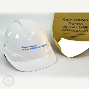 Round Front White Hard Hat with Full Color Vinyl Applique and Specialty Spade Gold Plate Shovel Spade with Laser Engraving