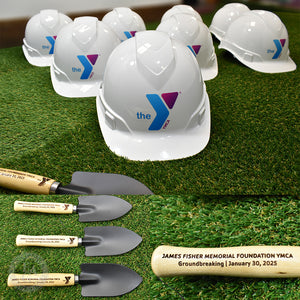 Round Front Hard Hats with Full Color Applique and personalized 10" Trowels with Dark Burn Engraving on Handle