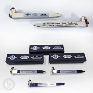 Silver Plated Railroad Spikes with Direct Printing and Full Color on attached Plate. Printed boxes to match.