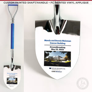 Specialty Chrome Plated Ceremonial Groundbreaking Shovel - D-Handle - Custom Painted Shaft/Handle - Full Color Printed Vinyl Applique
