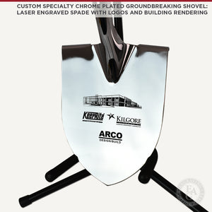 Custom Specialty Chrome Plated Groundbreaking Shovel: Laser Engraved Spade with Logos and Building Rendering