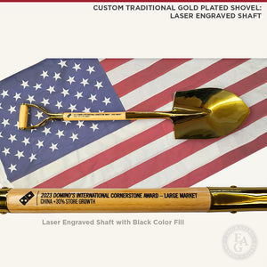 Traditional Gold Plated Ceremonial Groundbreaking Shovel, Laser Engraved Shaft with Black Color Fill