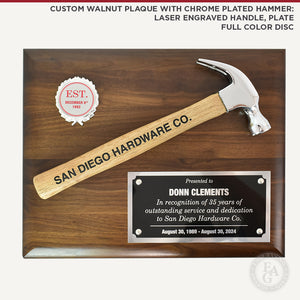 Custom Walnut Plaque with Chrome Paled Hammer: Laser Engraving Handle, Plate, Full Color Disc