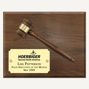 10" x 8" Genuine Walnut Gavel Plaque with Bright Gold Laser Engraved Plate