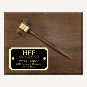 10" x 8" Genuine Walnut Gavel Plaque with Laser Engraved Gloss Black Plate