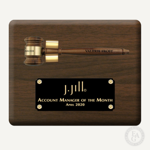 10" x 8" Genuine Walnut Gavel Plaque with Removable Gavel and Laser Engraved Gloss Black Plate