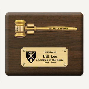10" x 8" Genuine Walnut Plaque with Gold Finish Gavel and Laser Engraved Plate