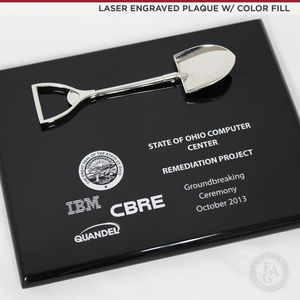 10" x 8" Miniature Groundbreaking Shovel Plaque - Laser Engraved Plaque w/ Color Fill