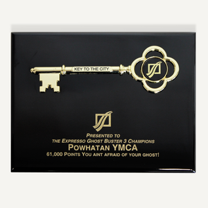 10"x 8" Black Piano Finish Ceremonial Key Plaque, Direct Engraved with Gold Color Fill, Laser Engraved Disc, and Full Color Printed Key Stem