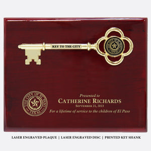 Direct Engraved with Color Fill Rosewood Piano Finish Key Plaque with Laser Engraved Disc and Full Color Printed Key Stem