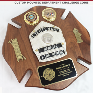 14x14 Genuine Walnut Firefighter Maltese Shield Plaque - Custom Mounted Department Challenge Coins14x14 Genuine Walnut Firefighter Maltese Shield Plaque - Custom Coins