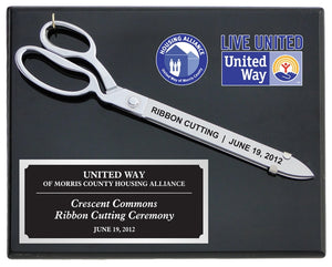 15" Chrome Plated Ceremonial Scissors Piano Finish Plaque with Direct Printed Plaque, Laser Engraved Plate, and Laser Engraved Scissors