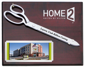 15" Chrome Plated Ceremonial Scissors Piano Finish Plaque with Full Color Printed Plate Direct Engraved Board with Silver Color Fill and Laser Engraved Scissors