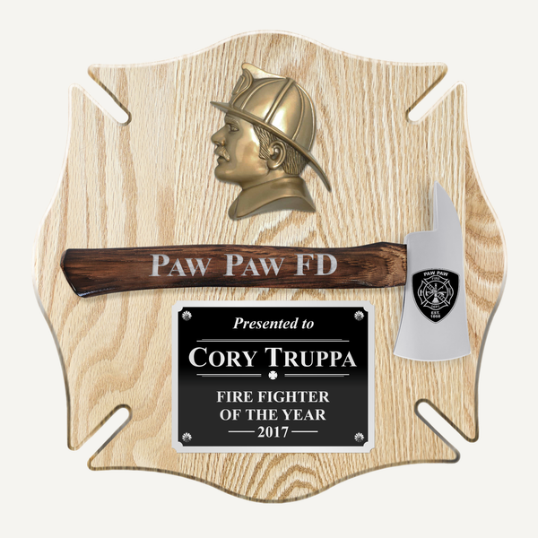 18x18 Oak Maltese Cross Firefighter Plaque - Chrome Axe