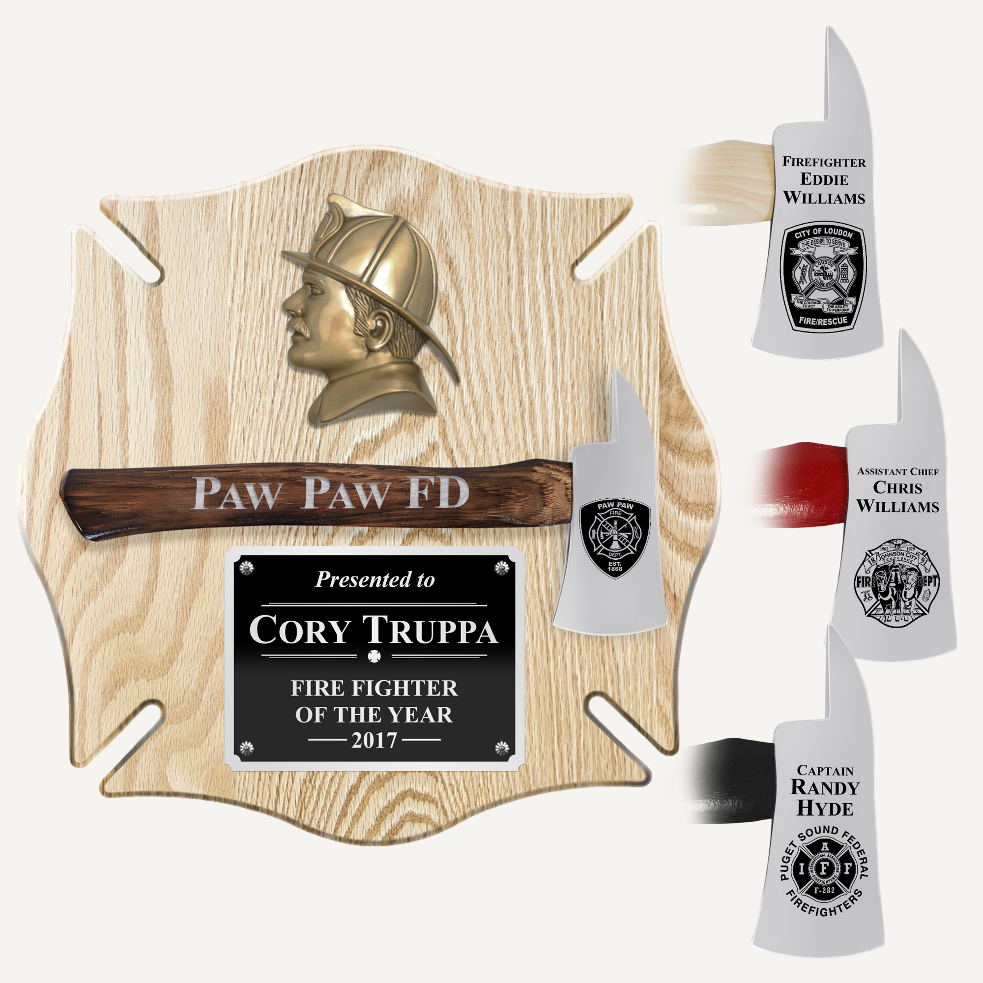 18x18 Oak Maltese Cross Firefighter Plaque - Chrome Axe