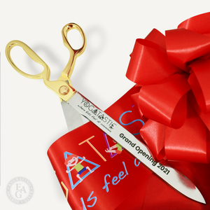 Laser Engraved 20" Ceremonial Ribbon Cutting Scissors with Full Color Printed Custom Short Length Ribbon and Red Bow
