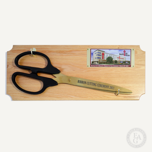 25" Ceremonial Ribbon Cutting Scissors Oak Plaque
