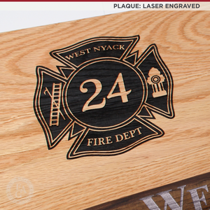 18x18 Oak Maltese Cross Firefighter Plaque - Chrome Axe - Laser Engraved Plaque