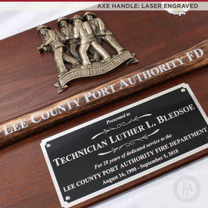 42x16 Walnut Firefighter Award Plaque - Chrome Axe - Laser Engraved Handle