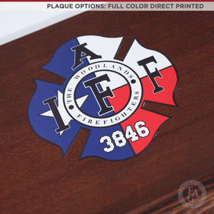 18x18 Walnut Maltese Cross Firefighter Plaque - Gold Axe - Full Color Direct Printed Plaque