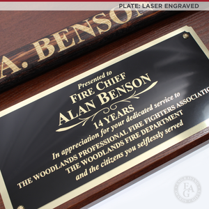 42x16 Walnut Firefighter Award Plaque - Gold Axe - Laser Engraved Plate