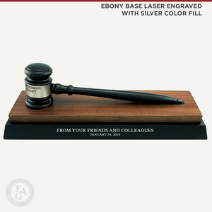 Ebony Finish Gavel with Walnut and ebony Finish Desk Stand Laser Engraved with Silver Color Fill
