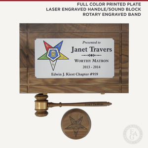 10-1/2" American Walnut Gavel Sound Block and Case Presentation Set with Full Color Printed Plate and Laser Engraved Sound Block and Handle with Black Color Fill